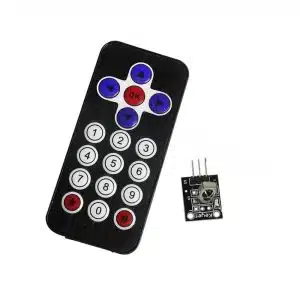 IR remote control with receiver module for wireless signal transmission.