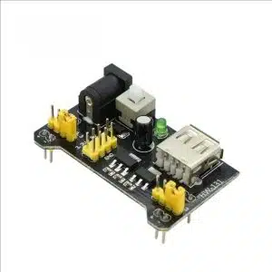 Breadboard power supply module with 3.3V and 5V outputs for powering electronic projects.