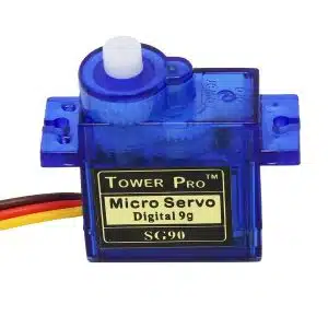 SG90 plastic gear micro servo motor with 180-degree rotation.