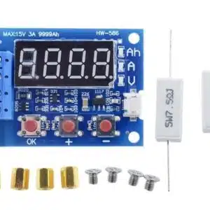 HW-586 battery capacity tester for 18650 Li-ion batteries, digital display showing voltage, current, and mAh readings.