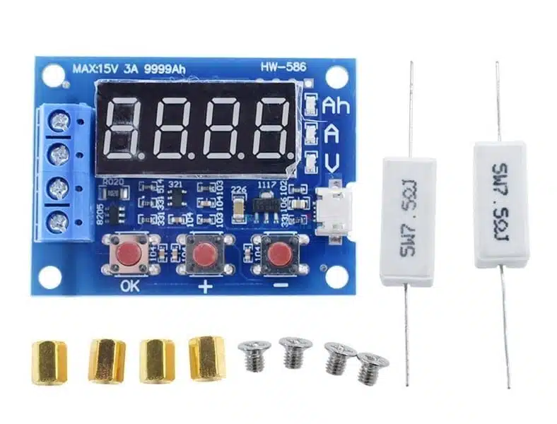 HW-586 battery capacity tester for 18650 Li-ion batteries, digital display showing voltage, current, and mAh readings.