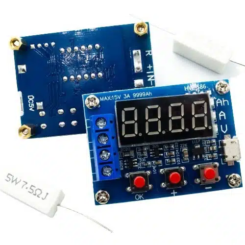 HW-586 battery capacity tester for 18650 Li-ion batteries, digital display showing voltage, current, and mAh readings.