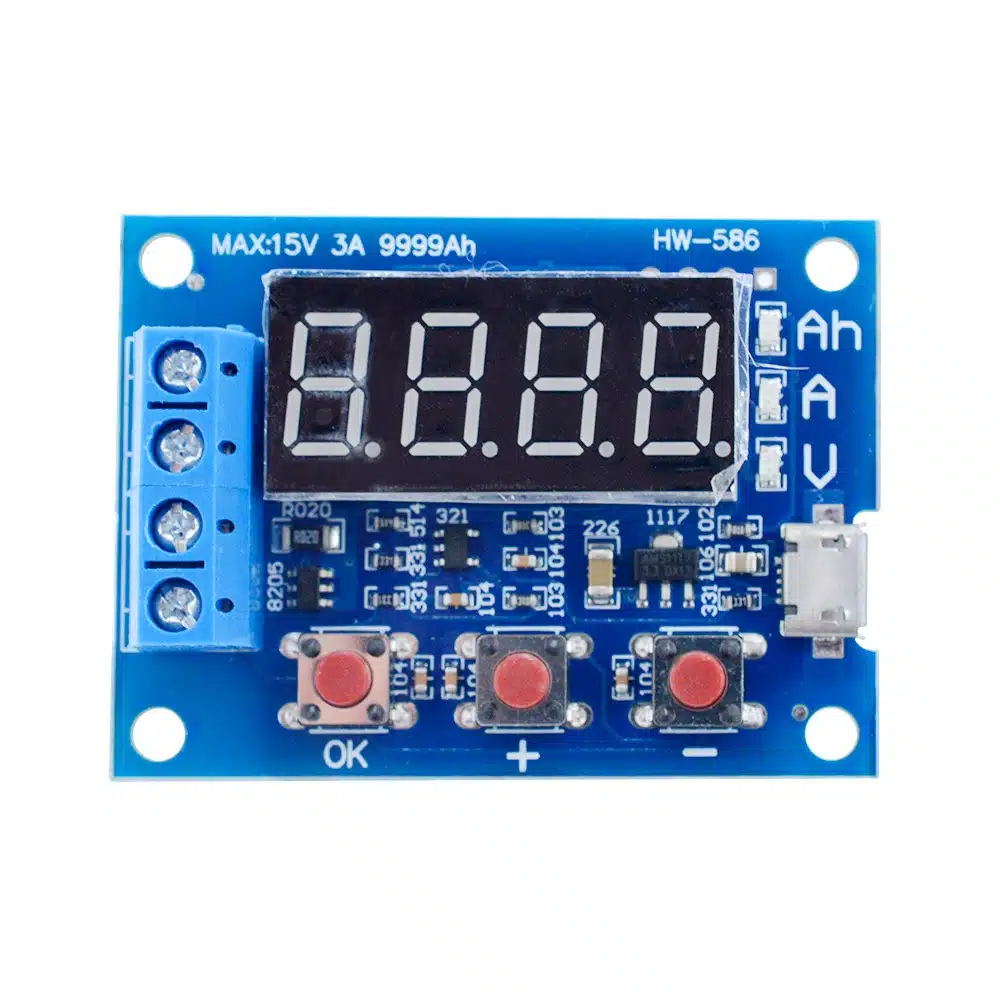 HW-586 battery capacity tester for 18650 Li-ion batteries, digital display showing voltage, current, and mAh readings.