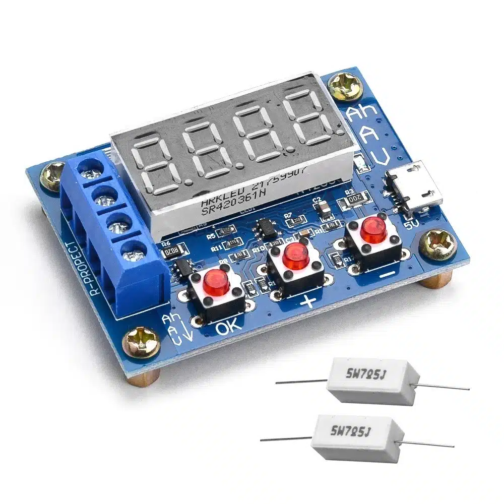 HW-586 battery capacity tester for 18650 Li-ion batteries, digital display showing voltage, current, and mAh readings.