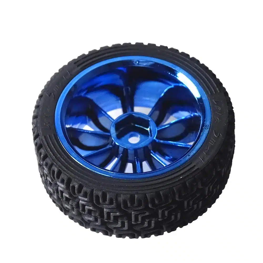 65mm rubber wheel for robotic car, durable grip tire with plastic hub, compatible with DC and gear motors.