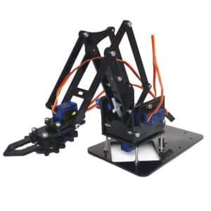 Unassembled 4DOF robotic arm acrylic kit with servo motor mounts for DIY robotics and automation projects.