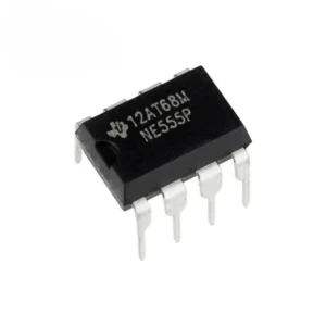 NE555 timer IC in DIP package, versatile integrated circuit for generating precise time delays, pulses, and oscillations in electronic circuits.