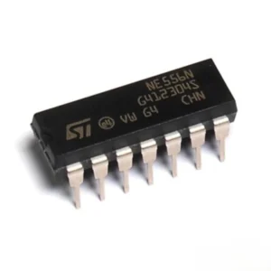 NE556 dual timer IC in DIP package, integrated circuit with two independent 555 timers for timing and pulse generation applications.