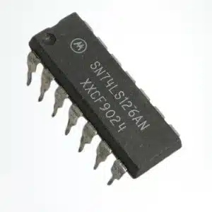 74126 quad 3-state bus buffer IC in DIP package, digital IC for isolating and controlling data flow in electronic circuits.