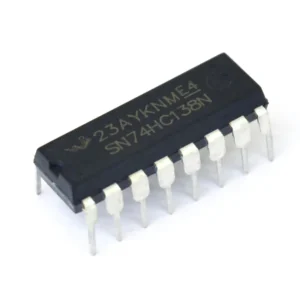 74138 3-to-8 line decoder/demultiplexer IC in DIP package, digital IC for decoding 3-bit inputs into eight outputs in electronics circuits.