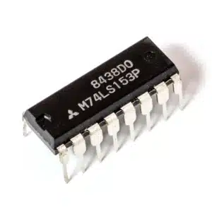 74153 dual 4-input multiplexer IC in DIP package, digital IC for selecting and routing multiple input signals in electronic circuits.