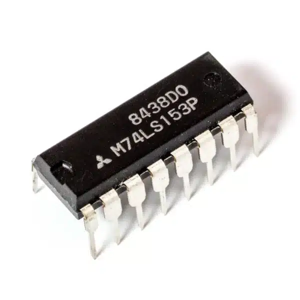 74153 dual 4-input multiplexer IC in DIP package, digital IC for selecting and routing multiple input signals in electronic circuits.
