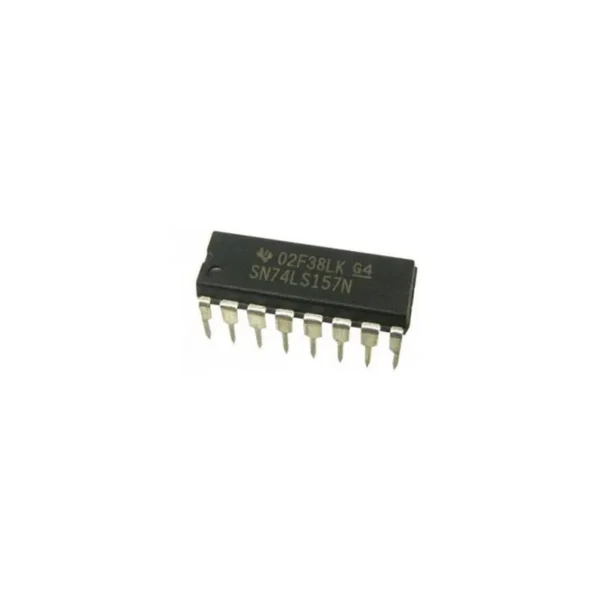 74157 quad 2-input multiplexer (MUX) IC in DIP package, digital IC for selecting one of multiple input signals in electronic circuits.