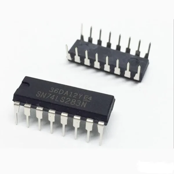 74283 4-bit binary full adder IC in DIP package, digital IC for performing 4-bit binary addition in electronic circuits.