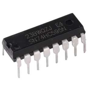 74595 8-bit serial-to-parallel shift register IC in DIP package, digital IC for expanding outputs and data conversion in electronic circuits.