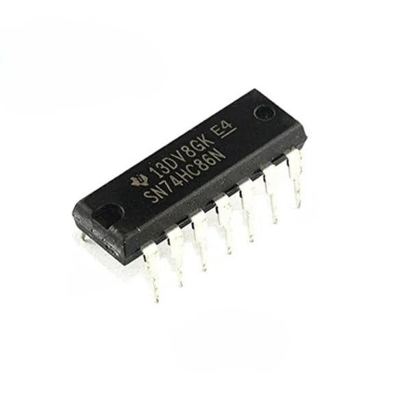 7486 quad 2-input XOR gate IC in DIP package, digital IC for performing exclusive OR logic operations in electronic circuits.