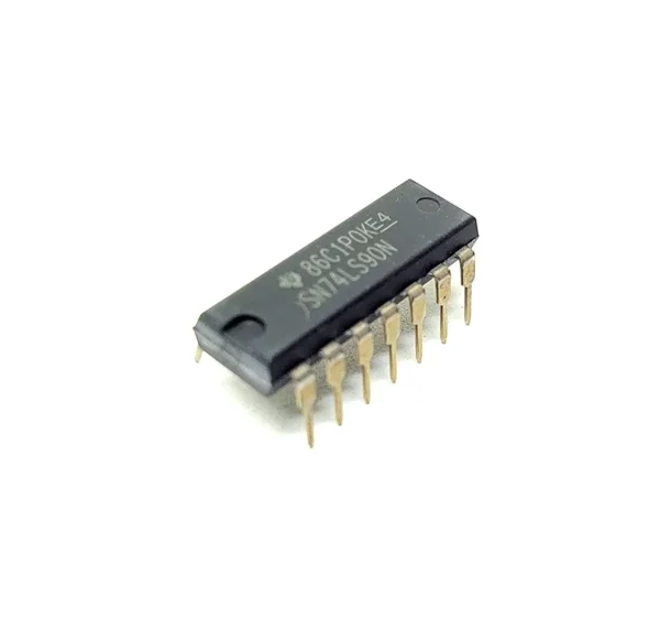 7490 decade counter IC in DIP package, digital IC for counting from 0 to 9 in electronics and timing circuits.