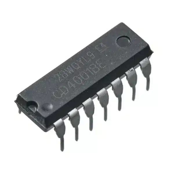 CD4001 quad 2-input NOR gate IC in DIP package, digital logic IC for building combinational circuits and performing NOR operations.