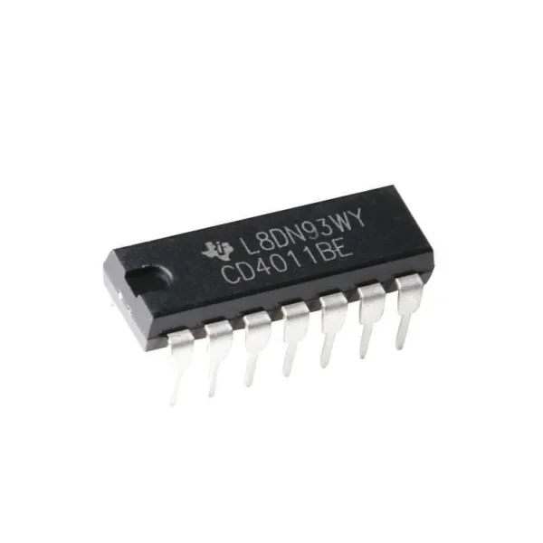 CD4011 quad 2-input NAND gate IC in DIP package, digital logic IC for combinational circuits and logic operations.