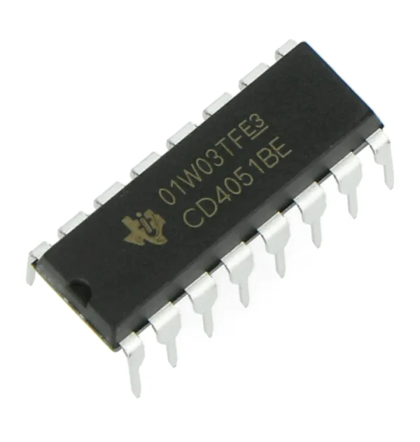 CD4051 single 8-channel multiplexer/demultiplexer IC in DIP package, for routing analog or digital signals in electronic circuits.