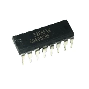 CD4052 dual 4-channel multiplexer/demultiplexer IC in DIP package, used for routing analog or digital signals in electronics circuits.