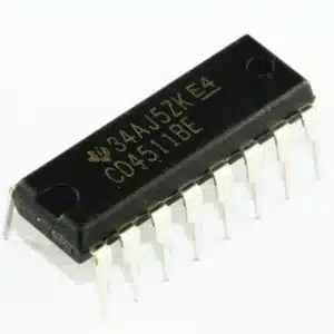 CD4511 BCD to 7-segment decoder/driver IC in DIP package, converts binary-coded decimal inputs to 7-segment display outputs.