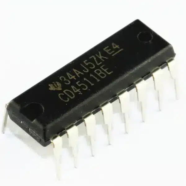 CD4511 BCD to 7-segment decoder/driver IC in DIP package, converts binary-coded decimal inputs to 7-segment display outputs.