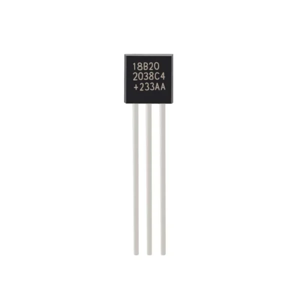 DS18B20 digital temperature sensor, waterproof and precise sensor for measuring ambient and liquid temperatures in electronics projects.