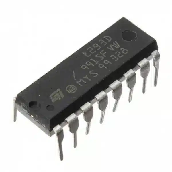 L293D dual H-bridge motor driver IC in DIP package, used for controlling DC motors and stepper motors in robotics and electronics projects.