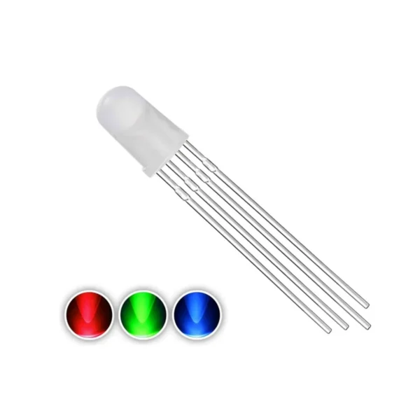 5mm RGB tri-color LED with 4 pins, capable of displaying red, green, and blue colors for electronics and DIY projects.
